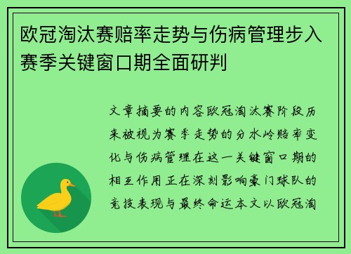 欧冠淘汰赛赔率走势与伤病管理步入赛季关键窗口期全面研判