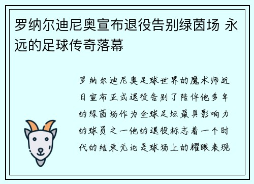 罗纳尔迪尼奥宣布退役告别绿茵场 永远的足球传奇落幕 罗纳尔迪尼奥宣布退役告别绿茵场 永远的足球传奇落幕